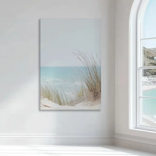 Pastel beige and aqua shoreline wall decor bringing coastal calm and airy elegance to interiors