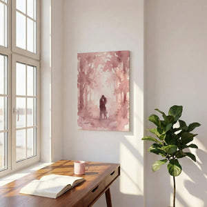 Watercolor canvas wall art showing a couple in silhouette surrounded by delicate trees in a rose-toned forest scene.
