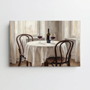 Vertical canvas art capturing a warm-toned romantic setting with a round table, wine glasses, and vintage textures