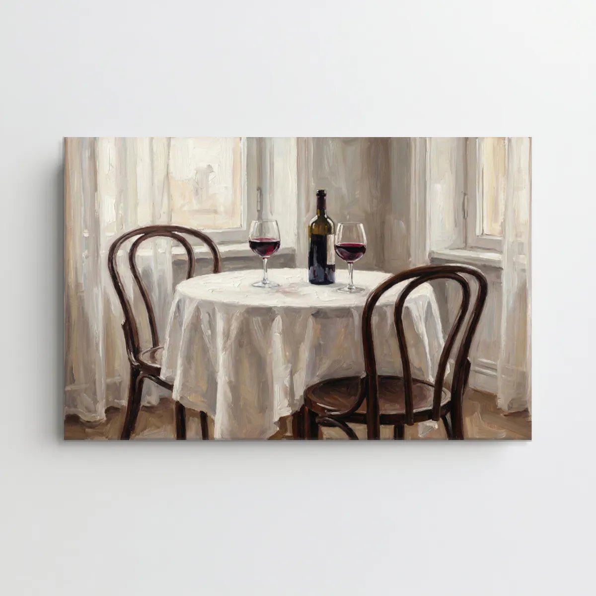 Vertical canvas art capturing a warm-toned romantic setting with a round table, wine glasses, and vintage textures