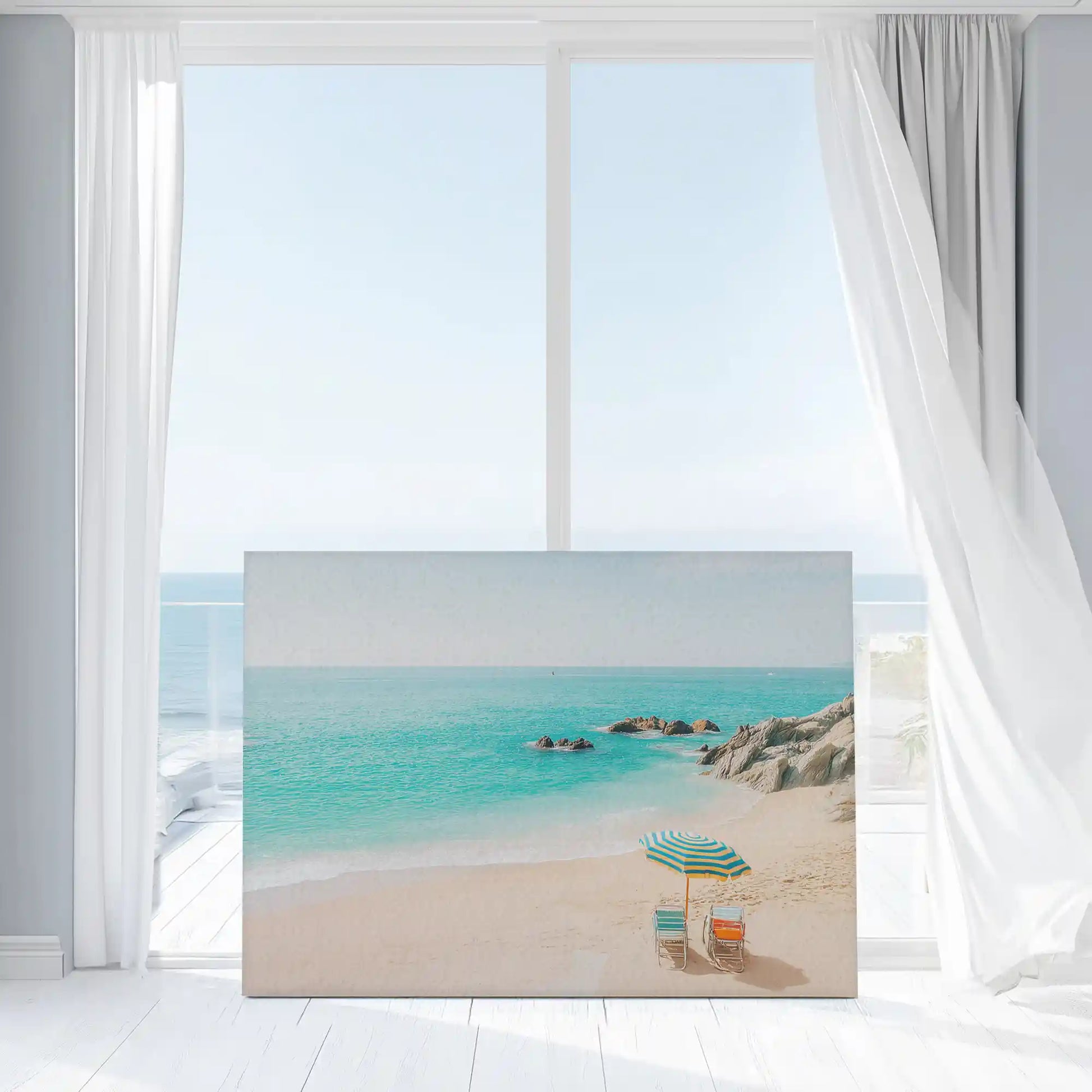 Soft pastel tones seaside wall art bringing calm and sunny beach mood