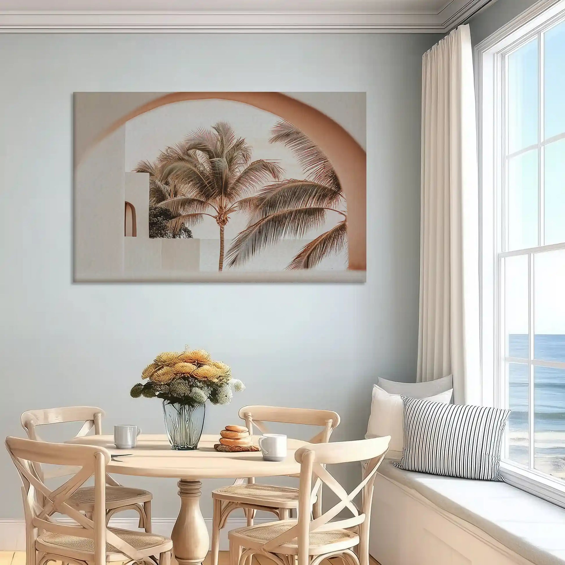 Soft pastel tropical canvas art enhancing serene and stylish bedroom wall design