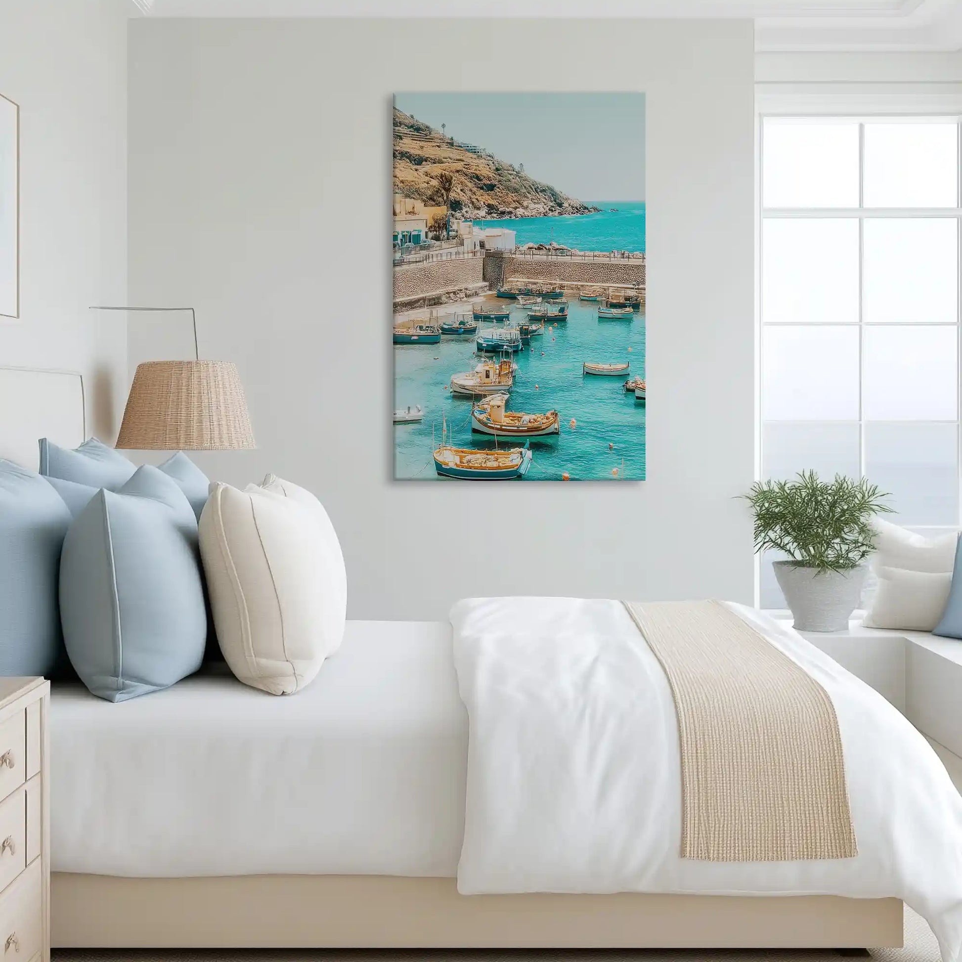 Tranquil harbor view canvas art complementing airy neutral interiors