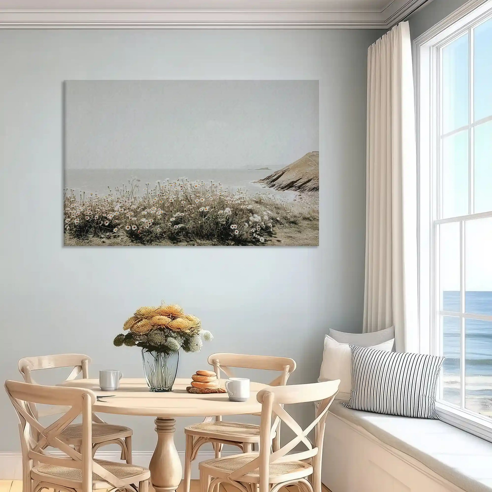 Soft neutral coastal flowers canvas art enhancing serene bedroom wall design