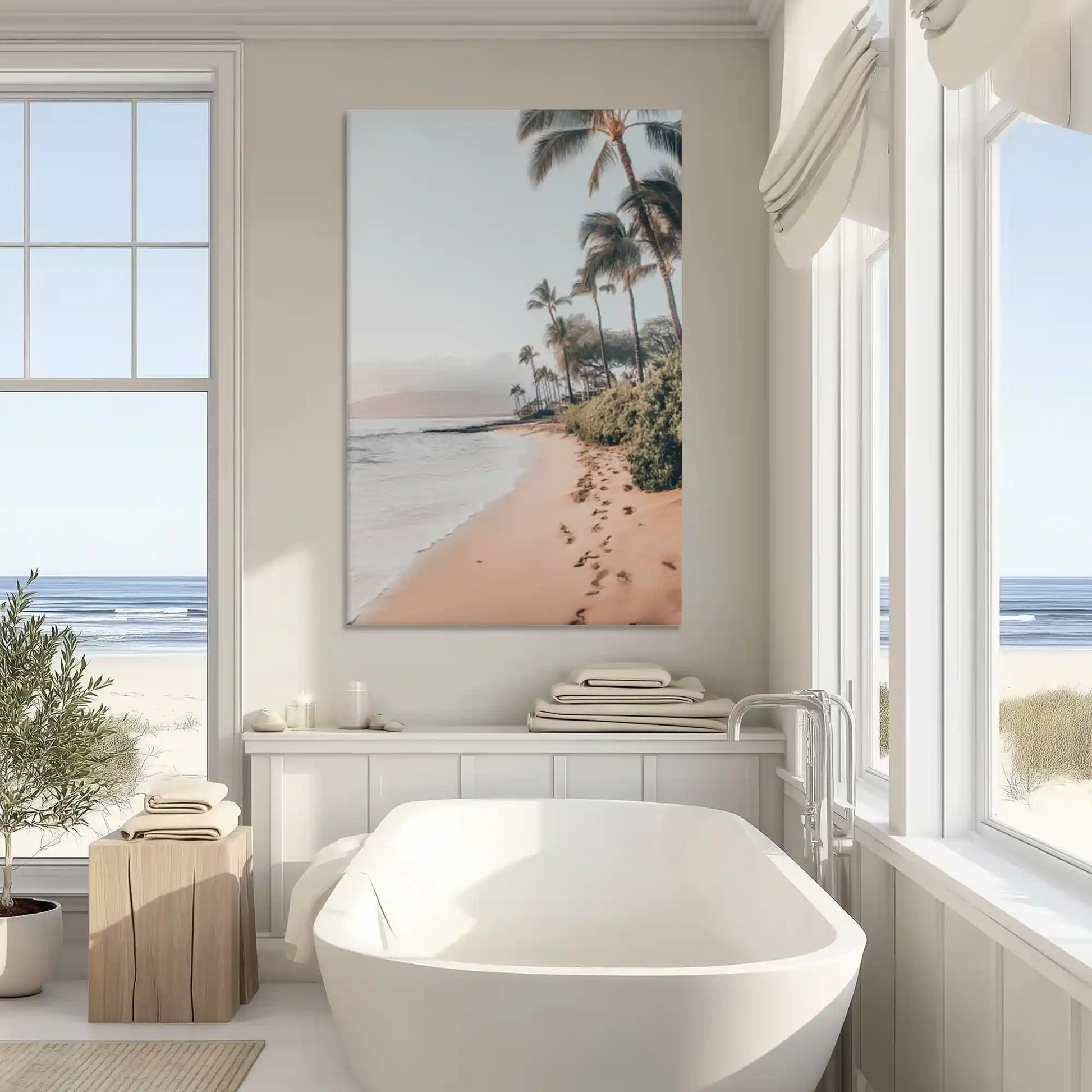Neutral tropical shoreline canvas art enhancing modern wall decor with coastal serenity