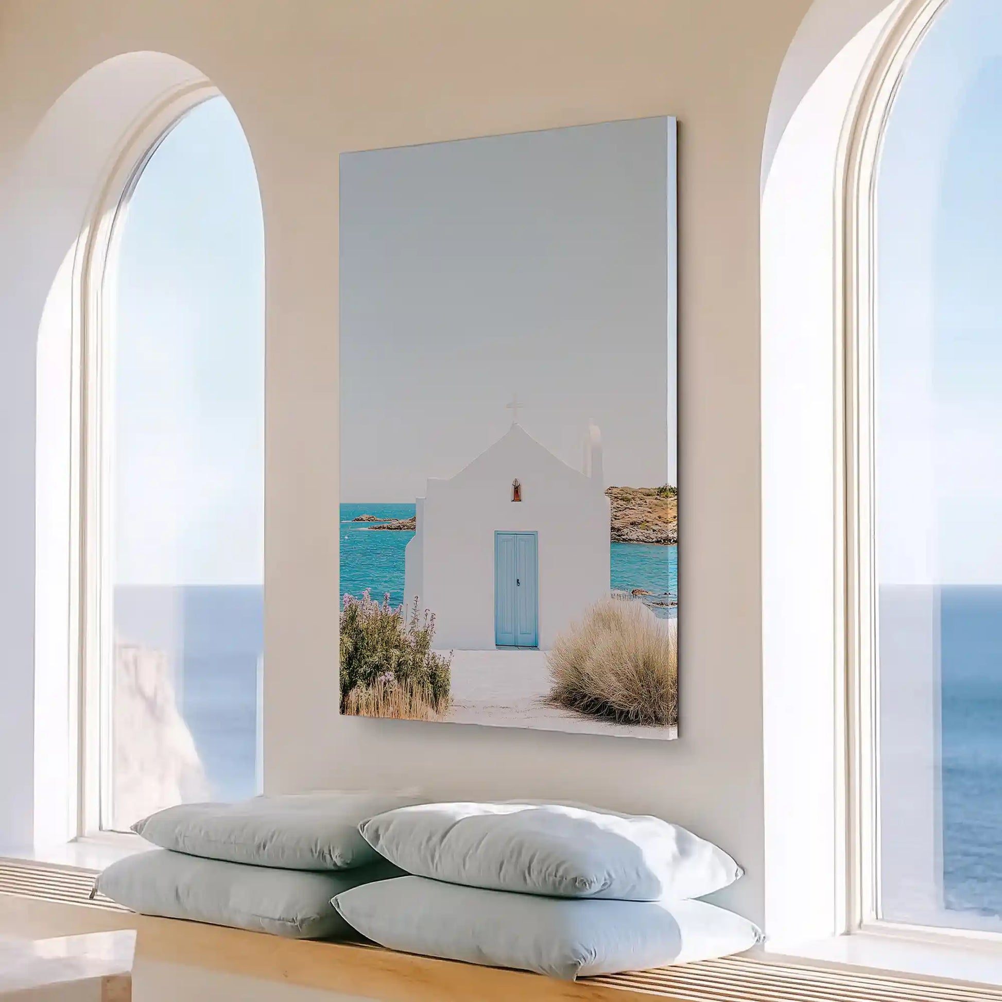 Large Mediterranean chapel painting perfect for living room placement, evoking peaceful escape