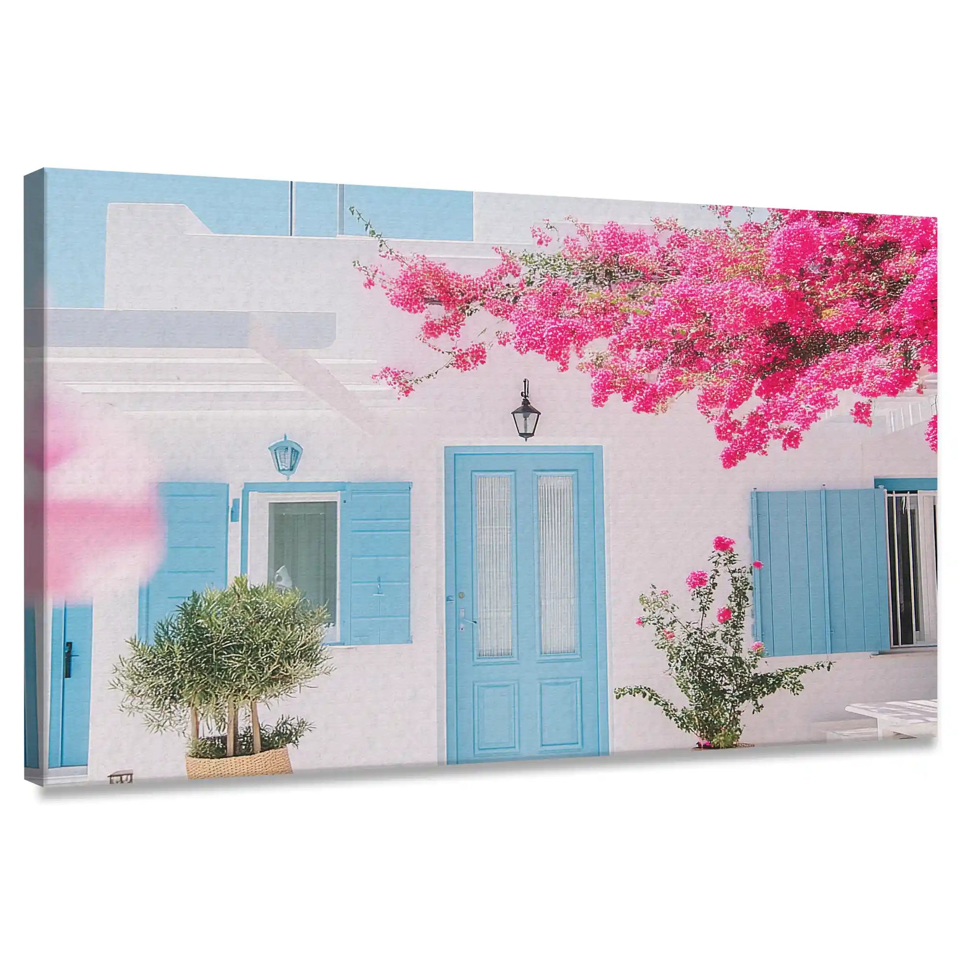 Coastal canvas wall art of Mediterranean home with turquoise doors and vibrant pink flowers