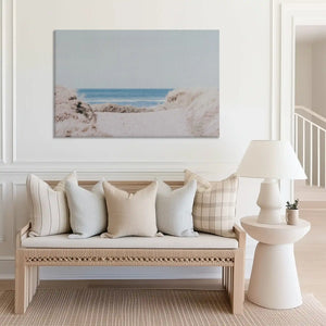 Large ocean horizon canvas print perfect for above couch placement in bright rooms
