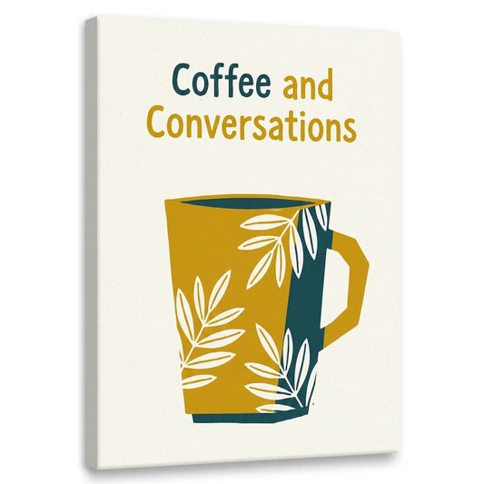 Minimalist canvas wall art featuring a stylized coffee mug with leaf patterns and 'Coffee and Conversations' text above in bold typography