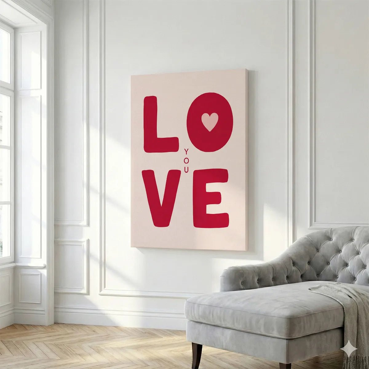 Flat graphic canvas print showing the word LOVE in red with YOU vertically aligned between L and V on a light pink background
