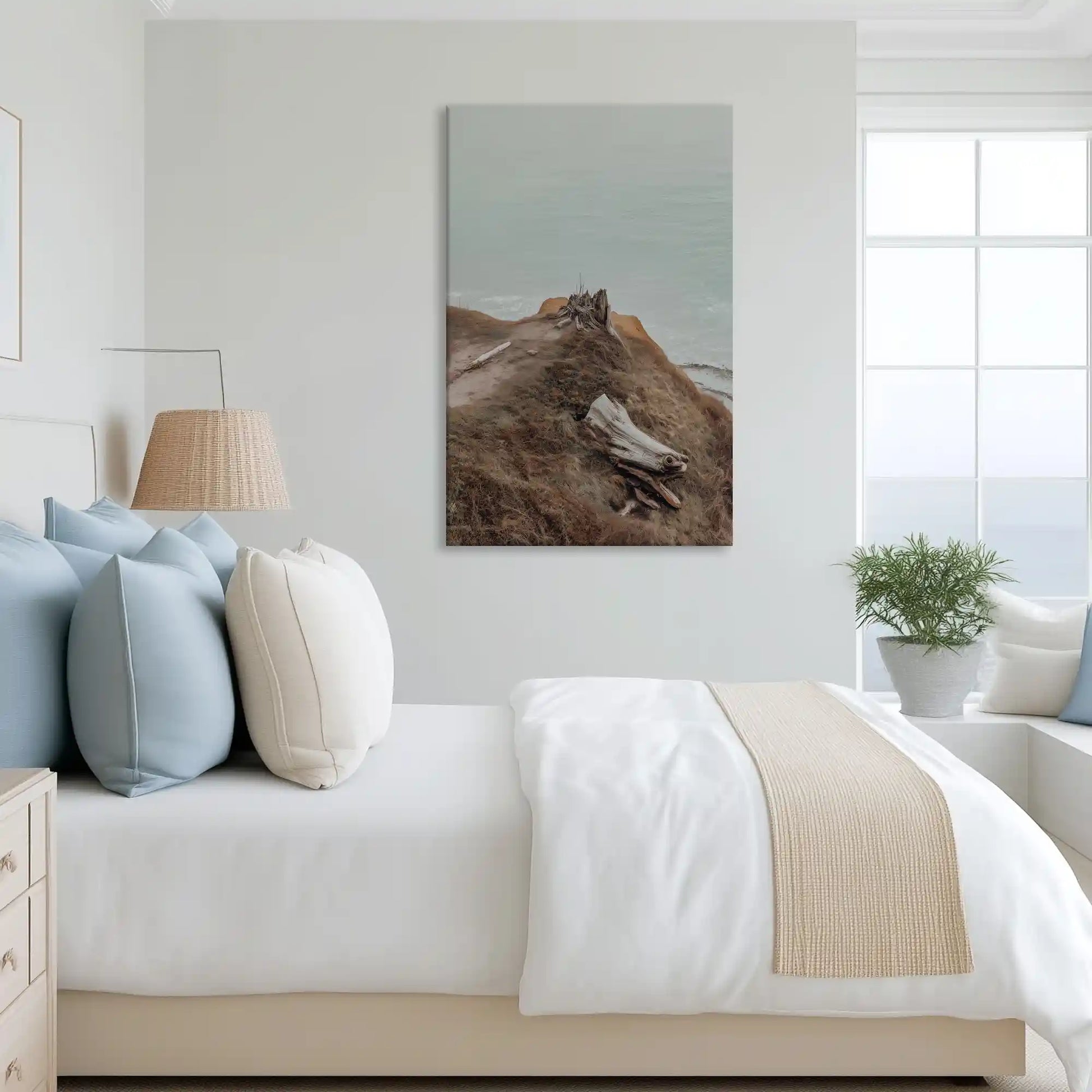 Tranquil driftwood coastal canvas art complementing earthy coastal-inspired home decor
