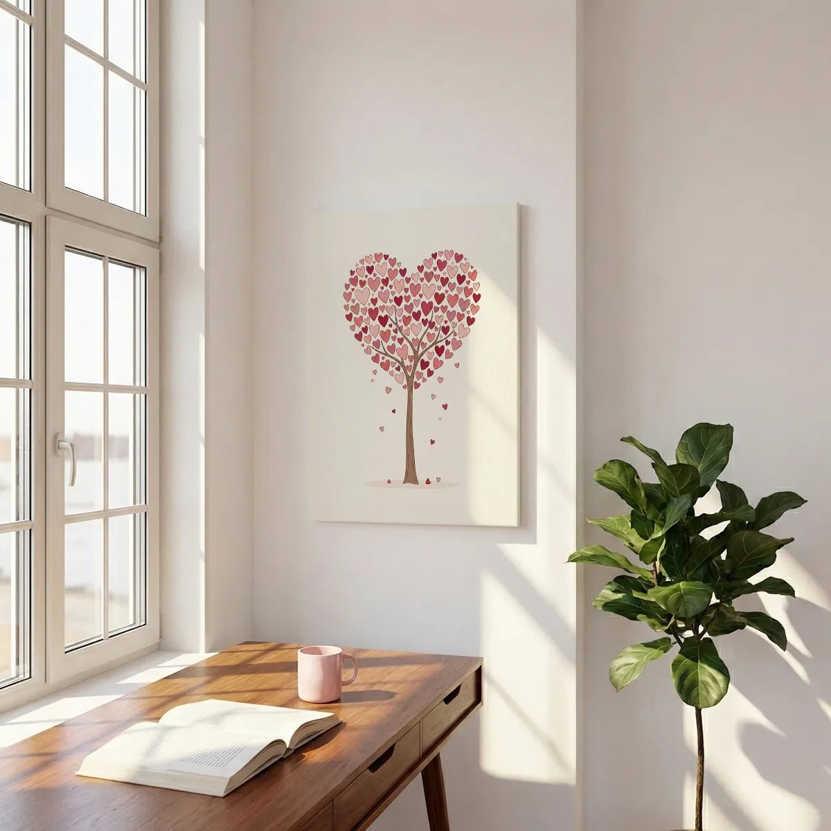 Playful canvas wall art showing a centered tree with heart-shaped foliage in soft red and pink tones on a white background.