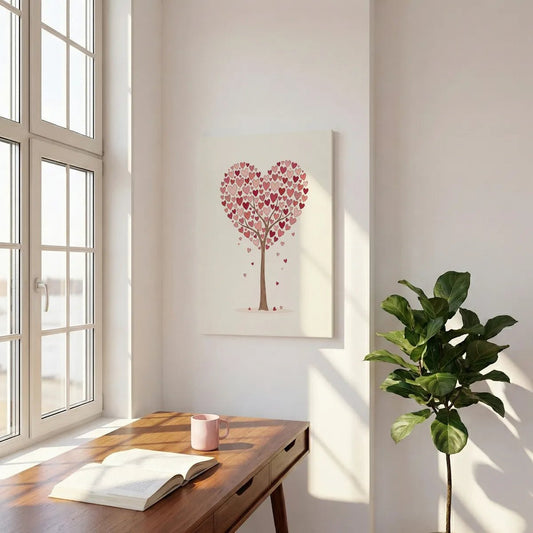 Playful canvas wall art showing a centered tree with heart-shaped foliage in soft red and pink tones on a white background.