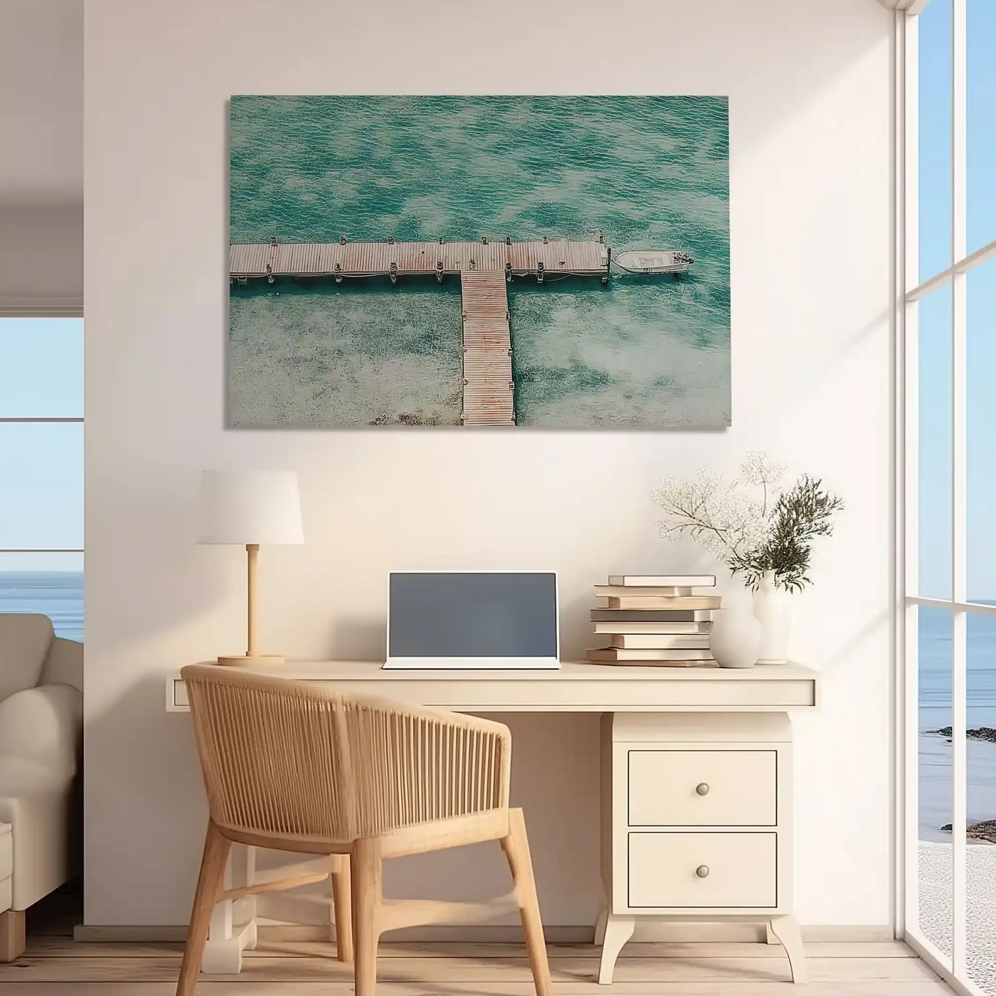 Rustic dockside canvas print adding seaside charm to a home office