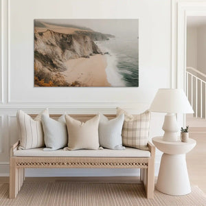 Large ocean cliff canvas art perfect for above sofa placement in light-filled coastal homes