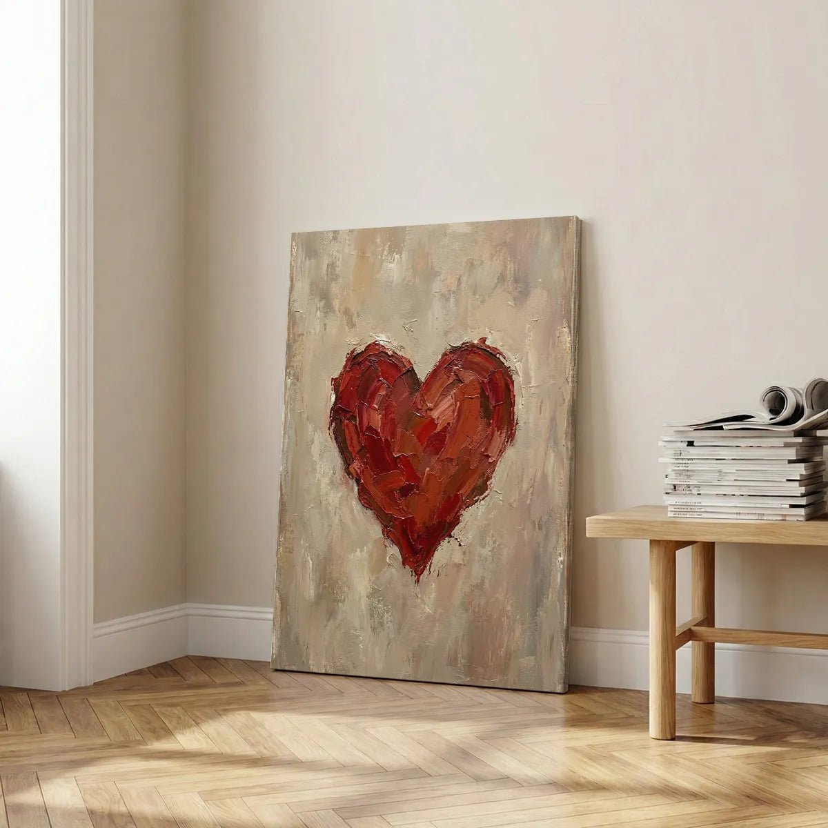 Modern canvas art featuring a bold red heart in abstract impressionist style, ideal for romantic interiors.