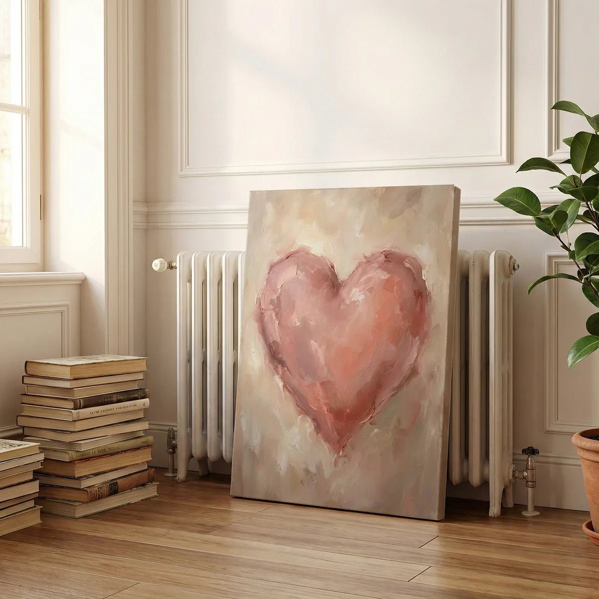 Decorative canvas print featuring a romantic pink heart on a cream and beige backdrop with a textured, painterly finish.