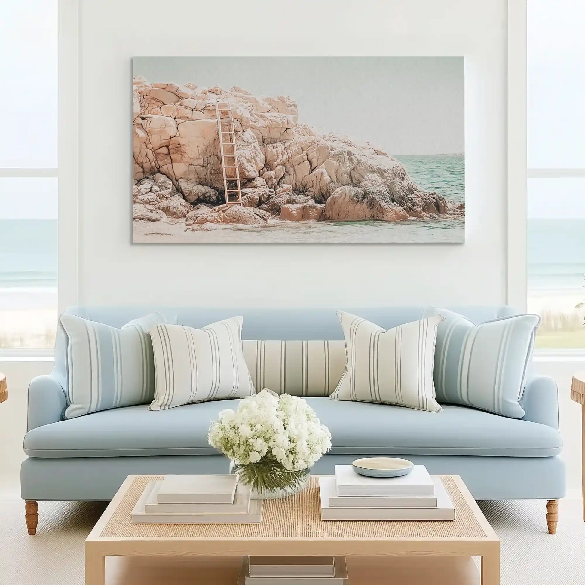 Neutral cliffside canvas wall art complementing modern coastal-inspired décor