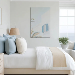 Tranquil pastel village canvas art complementing light and airy home decor with soft hues