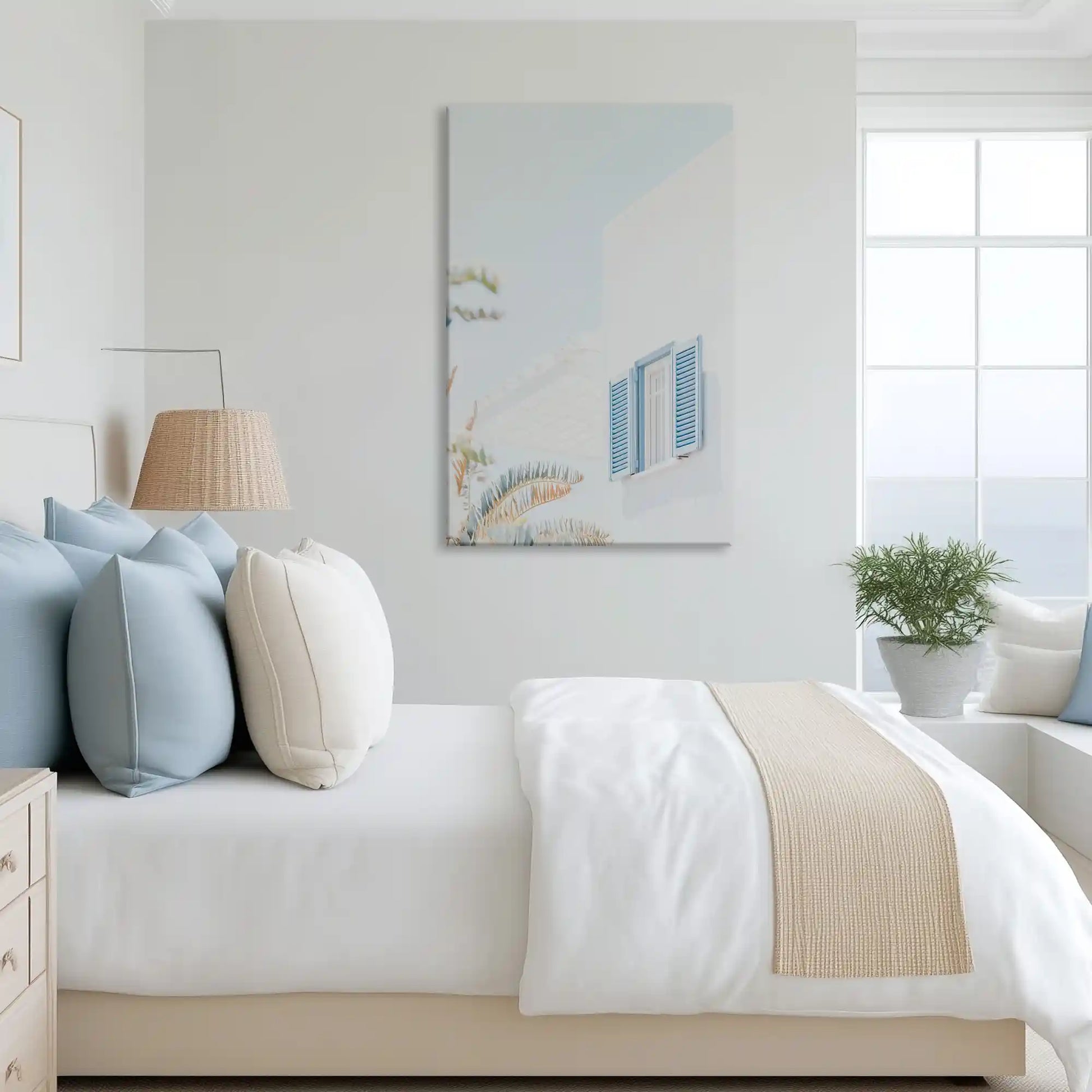 Tranquil pastel village canvas art complementing light and airy home decor with soft hues