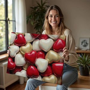 Bold and playful heart cluster composition on a canvas wall decor with a contemporary romantic vibe