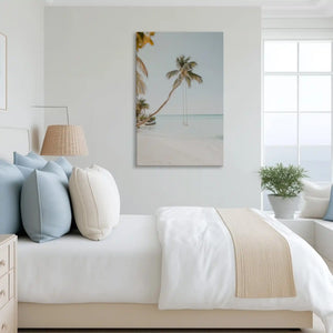 Tranquil palm swing canvas art complementing airy coastal-inspired home decor