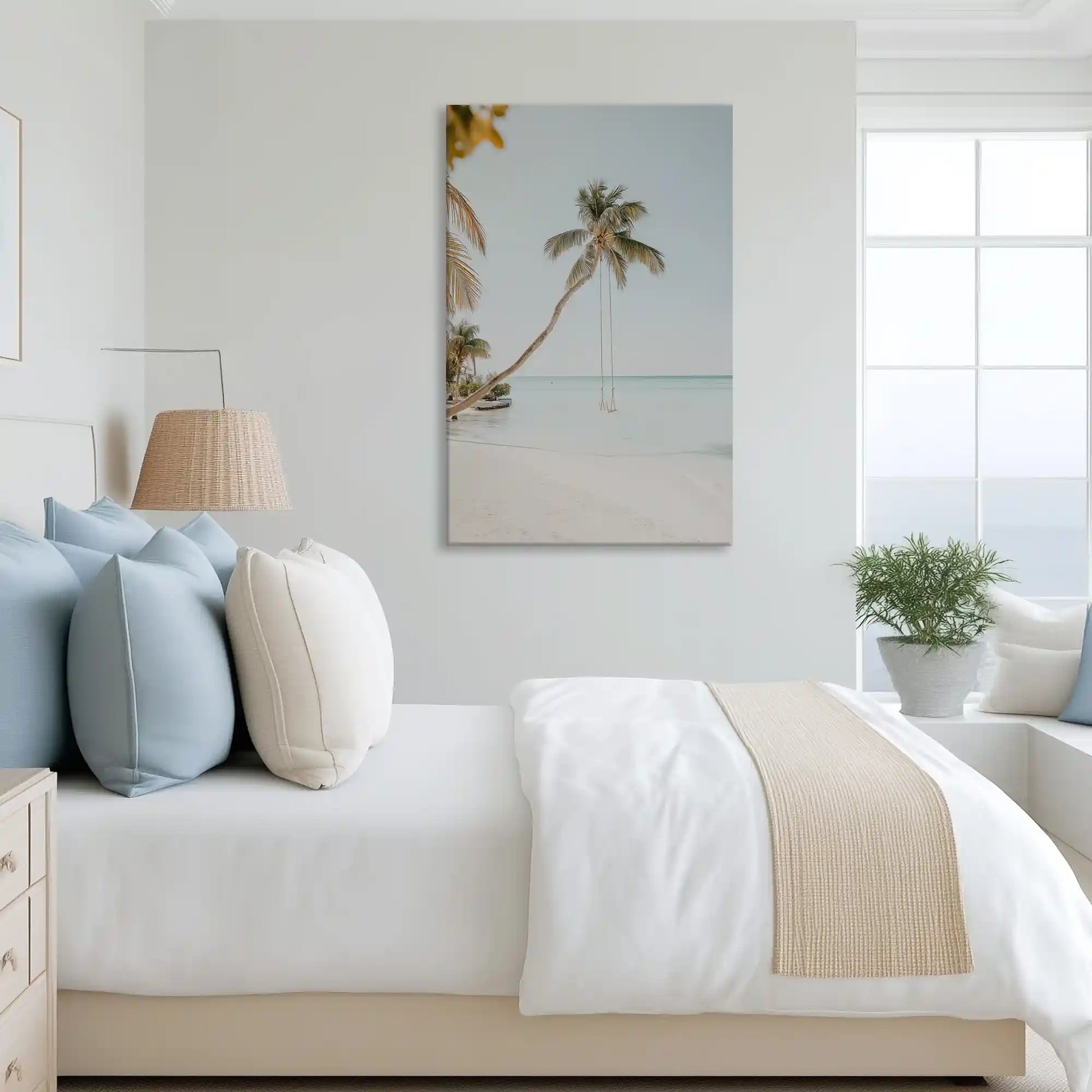 Tranquil palm swing canvas art complementing airy coastal-inspired home decor