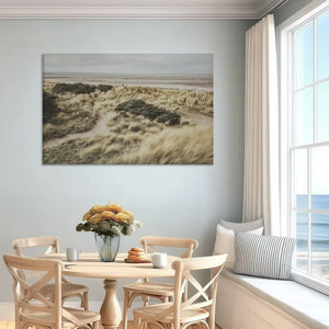 Beige coastal trail canvas art enhancing light-filled bedroom wall décor