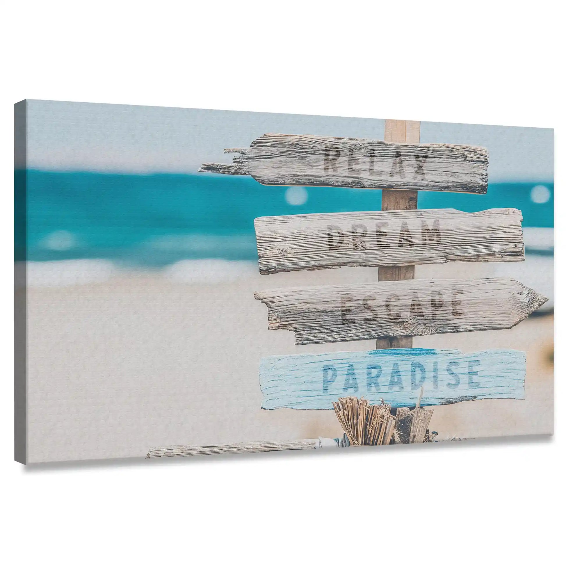 Coastal beach sign canvas wall art with words relax dream escape paradise for living room décor