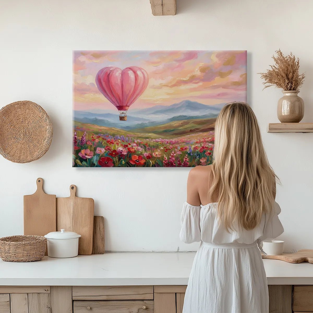 Colorful canvas wall decor with a heart balloon in the sky above a lush flower field and serene mountain backdrop.