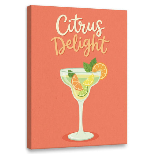 Modern canvas wall art featuring a citrus cocktail with lime, lemon, orange slices, mint leaves, and 'Citrus Delight' text.