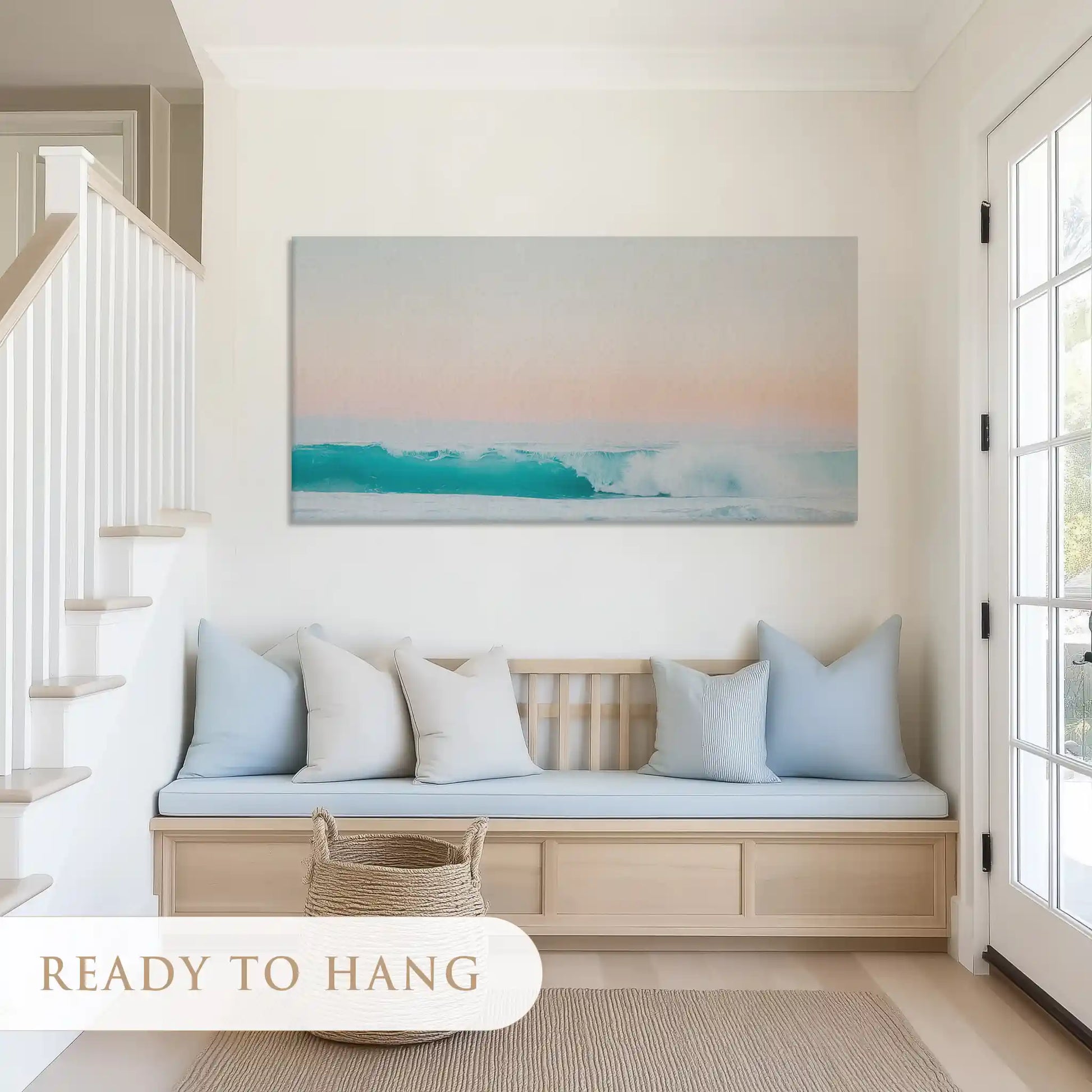 Textured ocean wave canvas art complementing light modern interiors