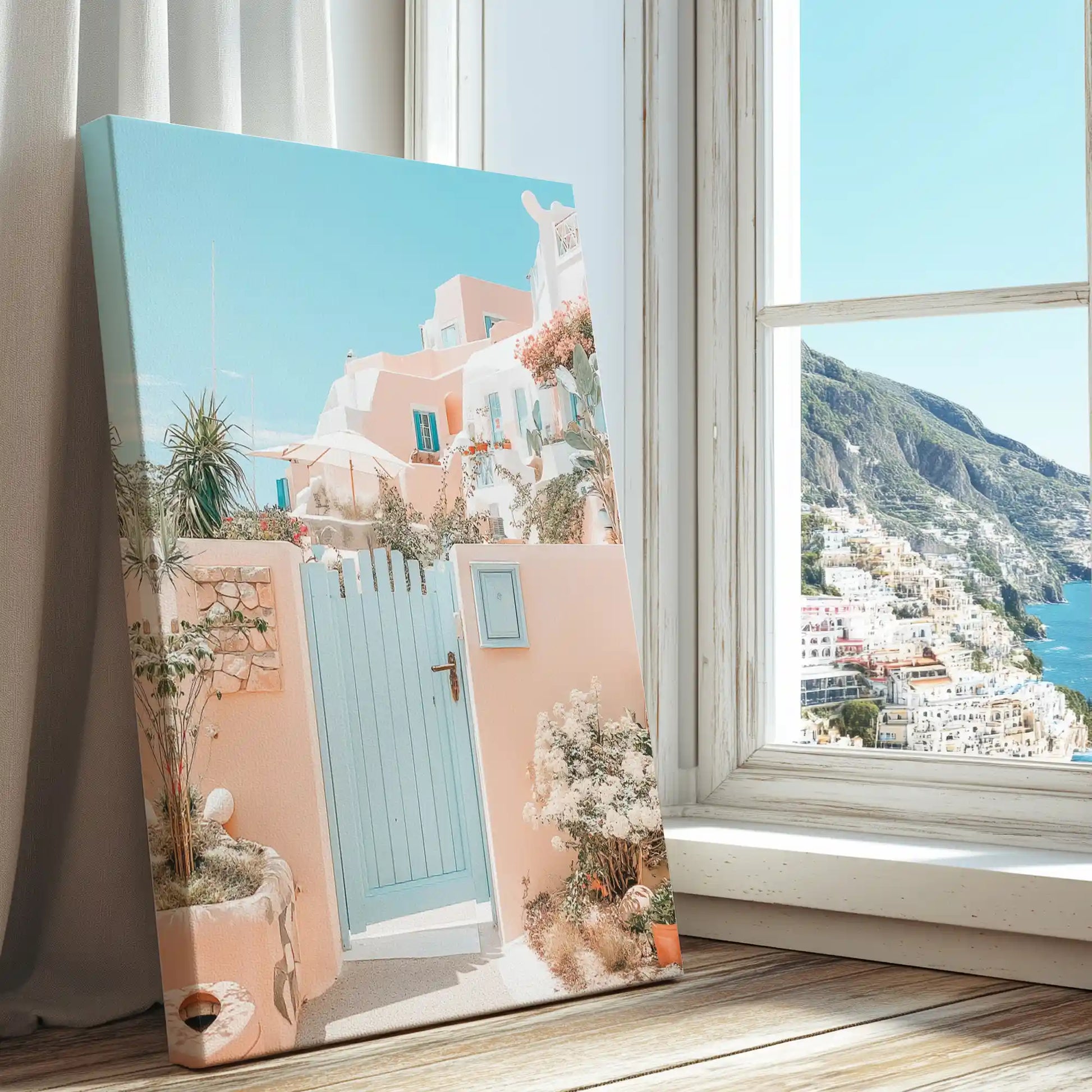Charming village entry with flowers captured in a Mediterranean canvas print with minimalist style
