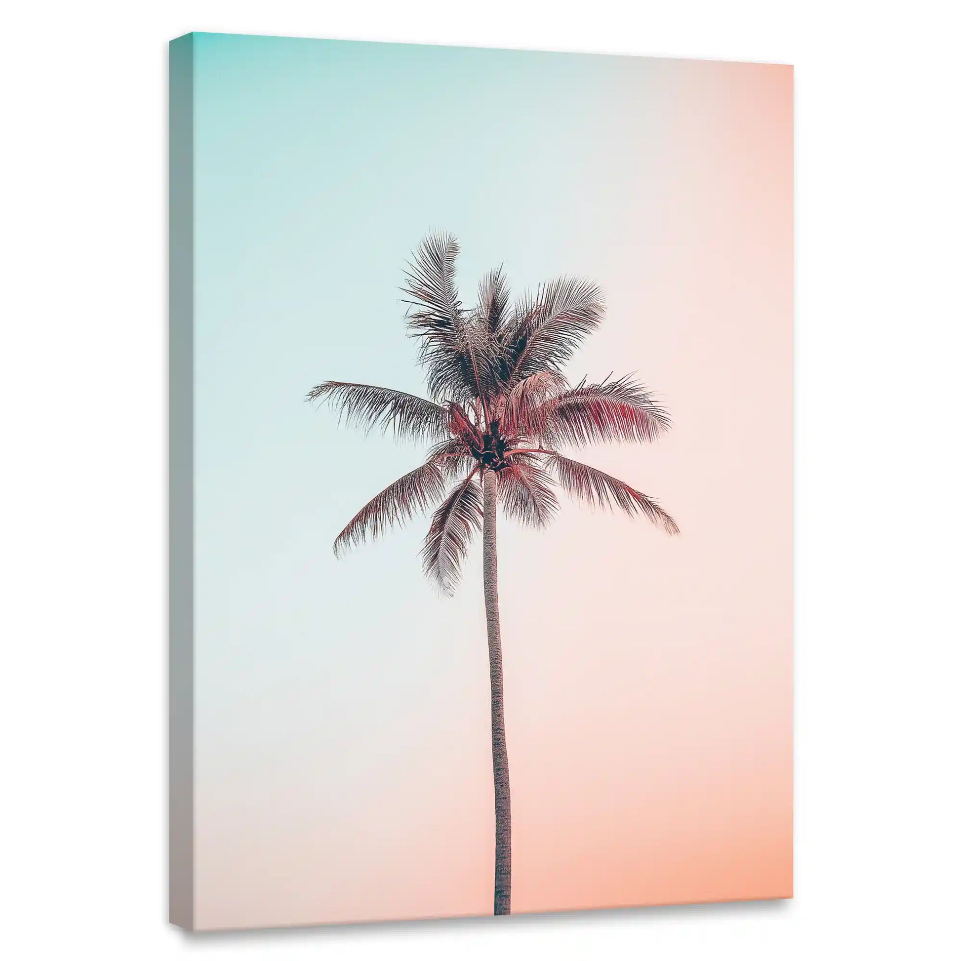 Minimalist tropical palm canvas wall art for bedroom featuring soft pastel gradient background