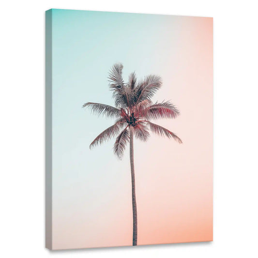 Minimalist tropical palm canvas wall art for bedroom featuring soft pastel gradient background