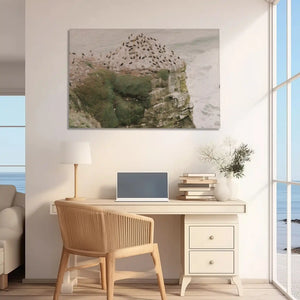Large wall art coastal theme with earthy cliff textures and calm ocean backdrop