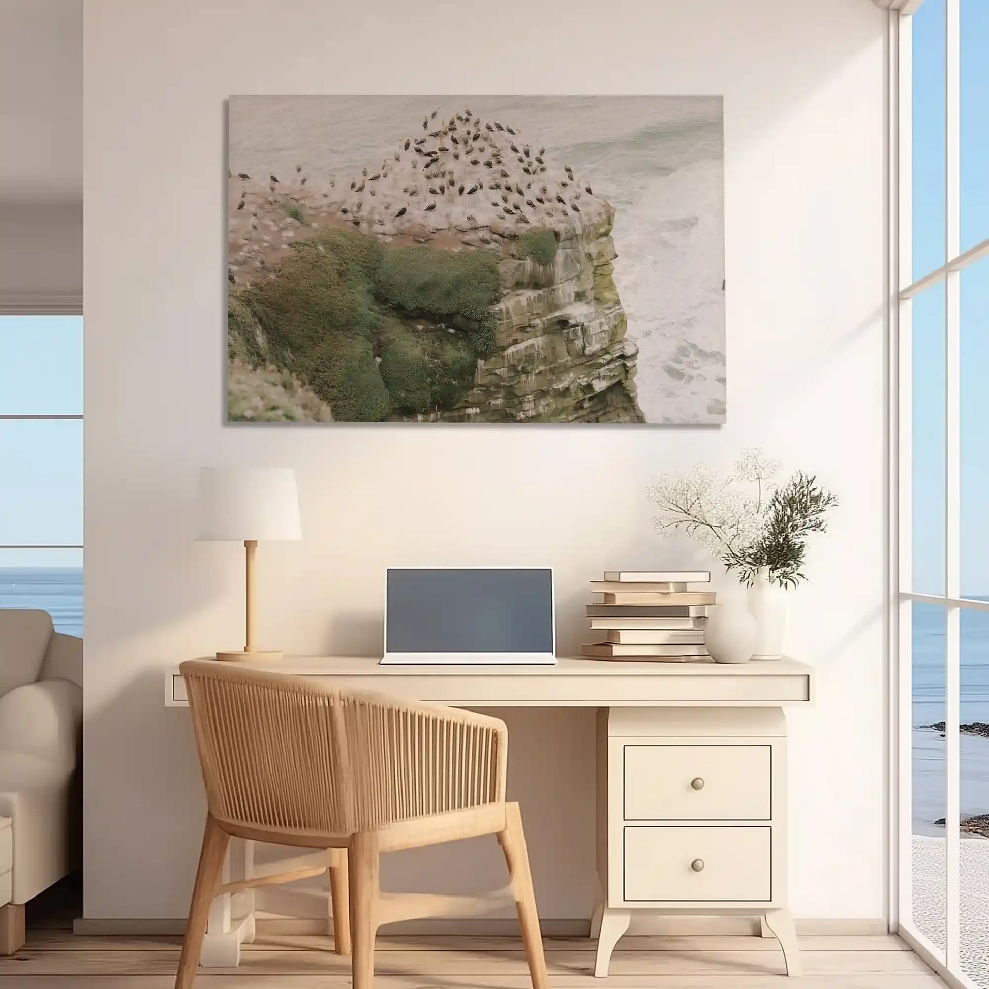 Large wall art coastal theme with earthy cliff textures and calm ocean backdrop
