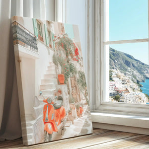 Sunlit alley with staircase and scooter captured in a vibrant canvas print with coastal style
