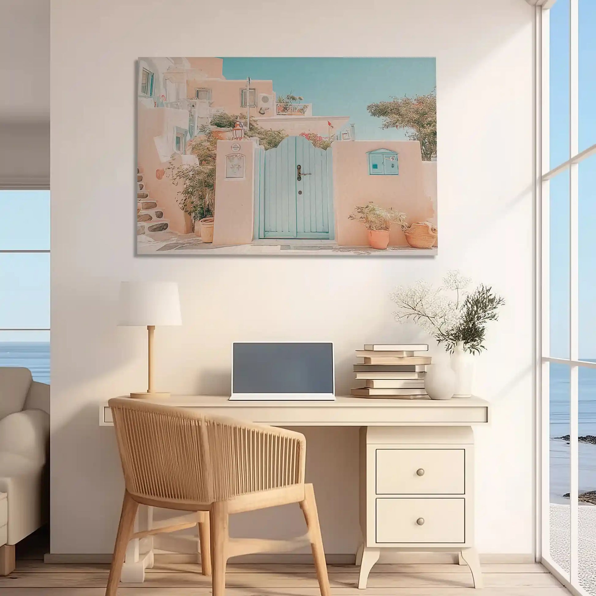 Minimalist coastal canvas art with peach walls, aqua doors, and relaxed seaside charm