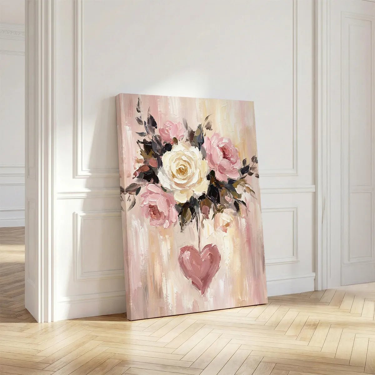 Canvas artwork depicting a central bouquet of pastel roses and a dangling heart on a softly brushed background