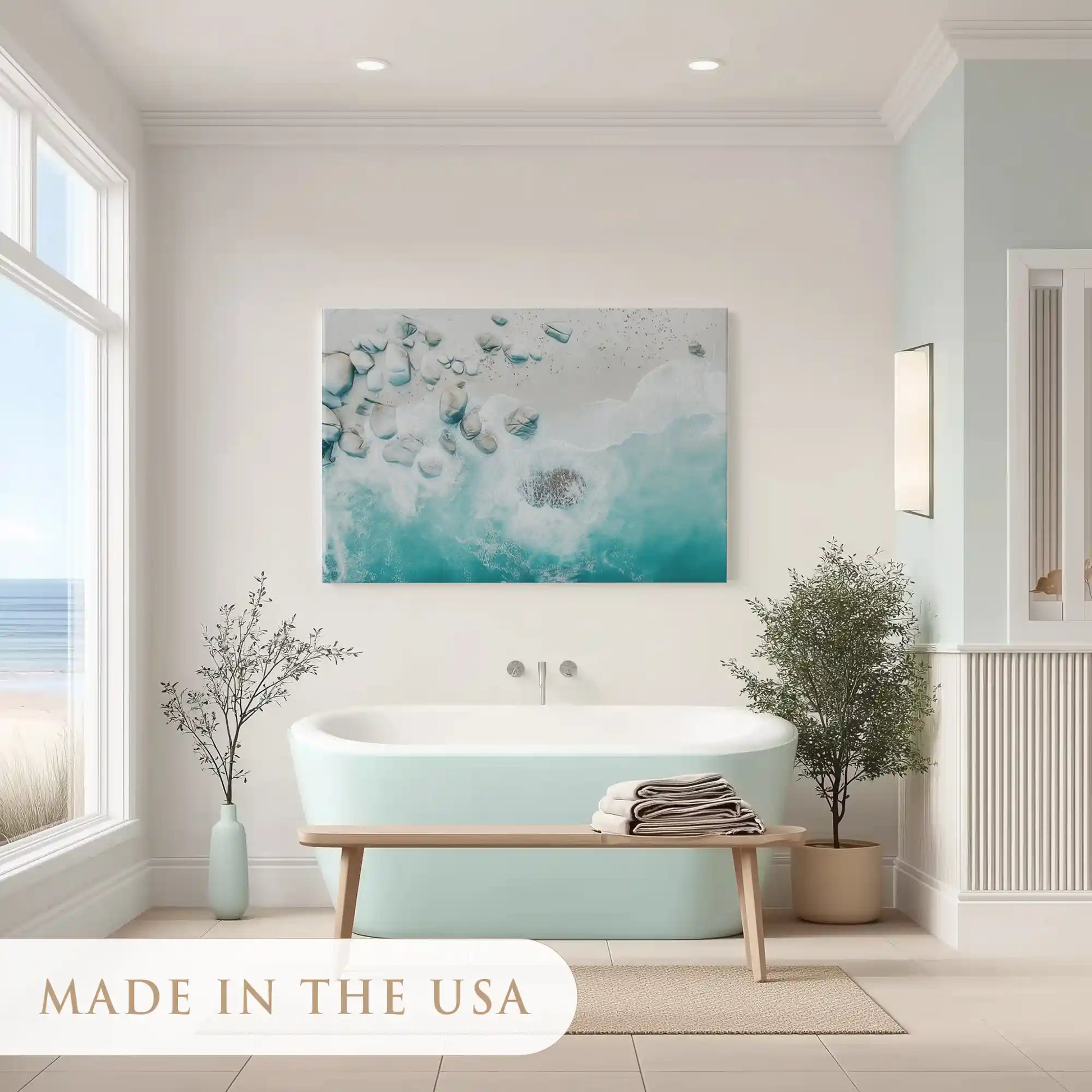 Energetic coastal aerial painting adding refreshing seaside charm to interiors
