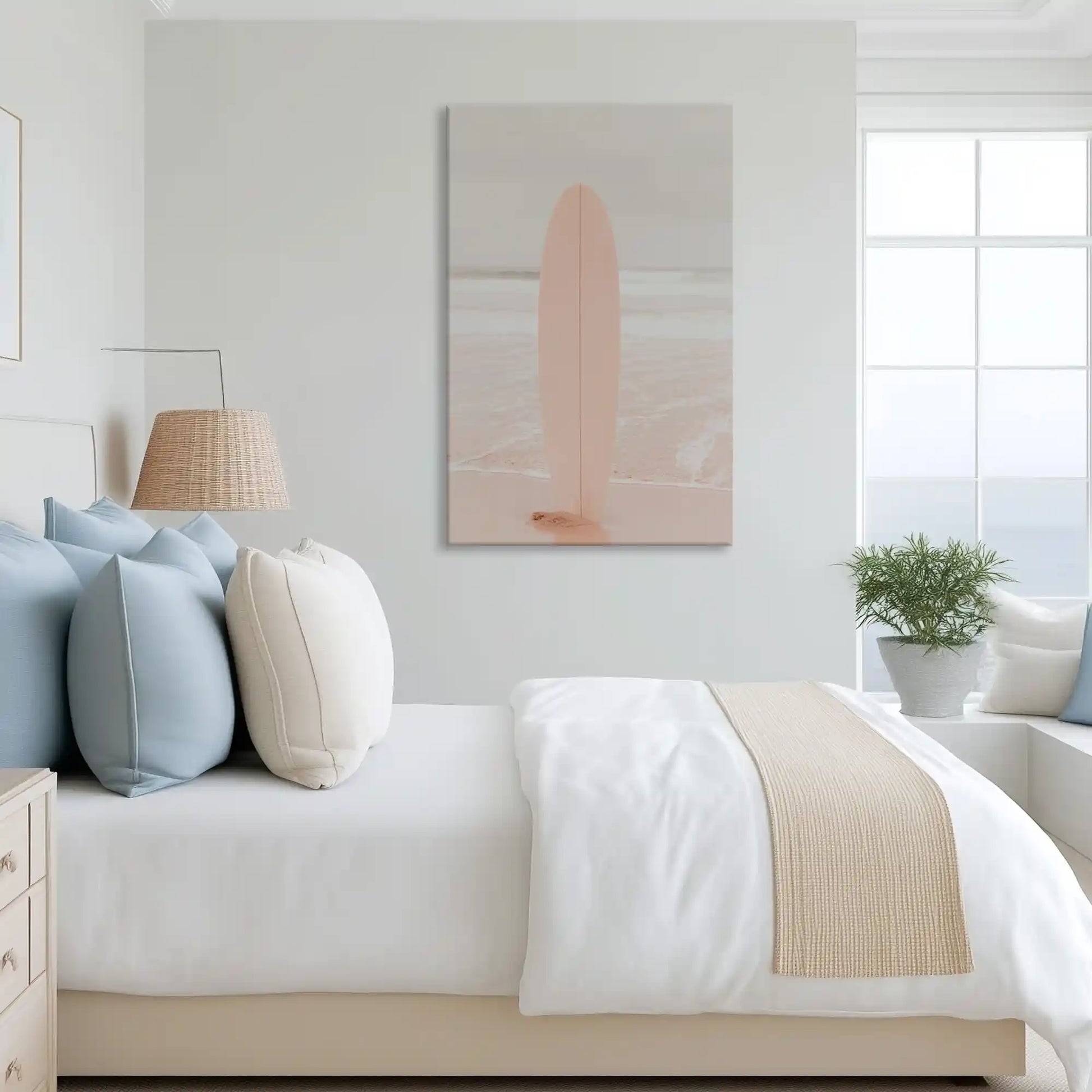 Tranquil surf scene canvas art complementing Scandinavian interior design