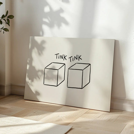 Canvas wall art with hand-drawn black ink cubes and playful 'TINK TINK' text centered on a white canvas