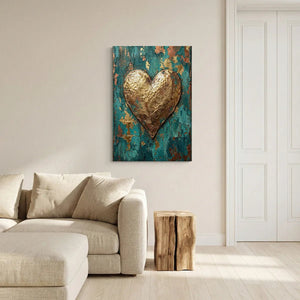 Distressed canvas wall decor with a central gold heart and rich teal and copper tones in a rustic, industrial style.