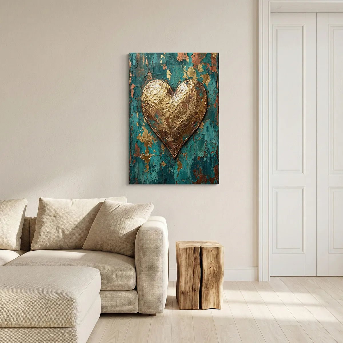 Distressed canvas wall decor with a central gold heart and rich teal and copper tones in a rustic, industrial style.