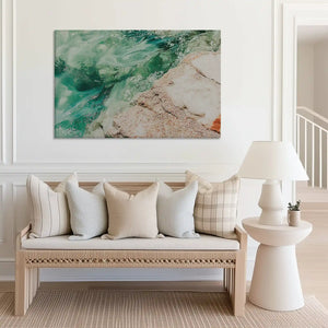 Large aqua shoreline canvas print perfect for above couch placement in airy spaces