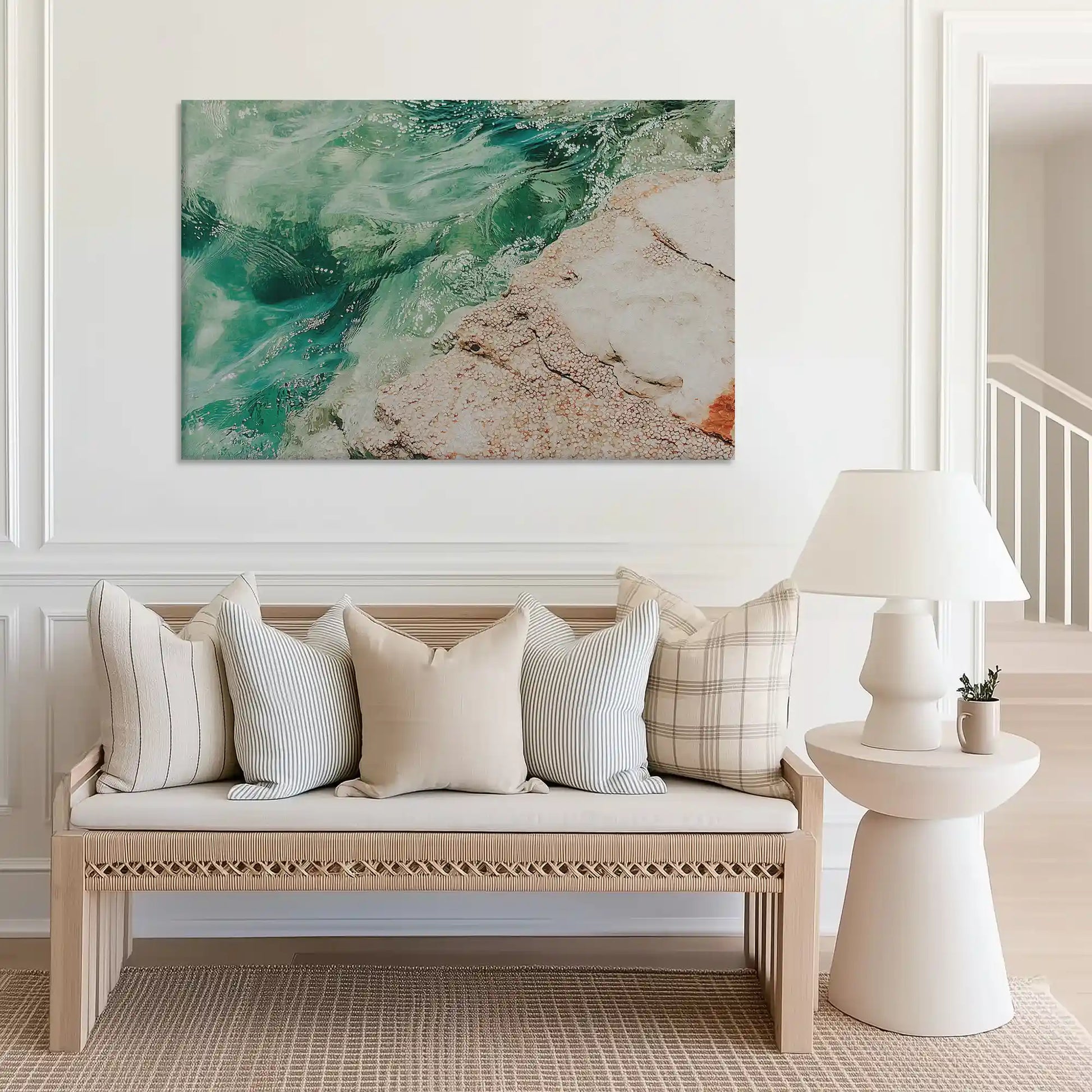 Large aqua shoreline canvas print perfect for above couch placement in airy spaces