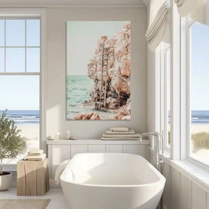 Neutral cliffside canvas art enhancing modern wall decor with rustic coastal character
