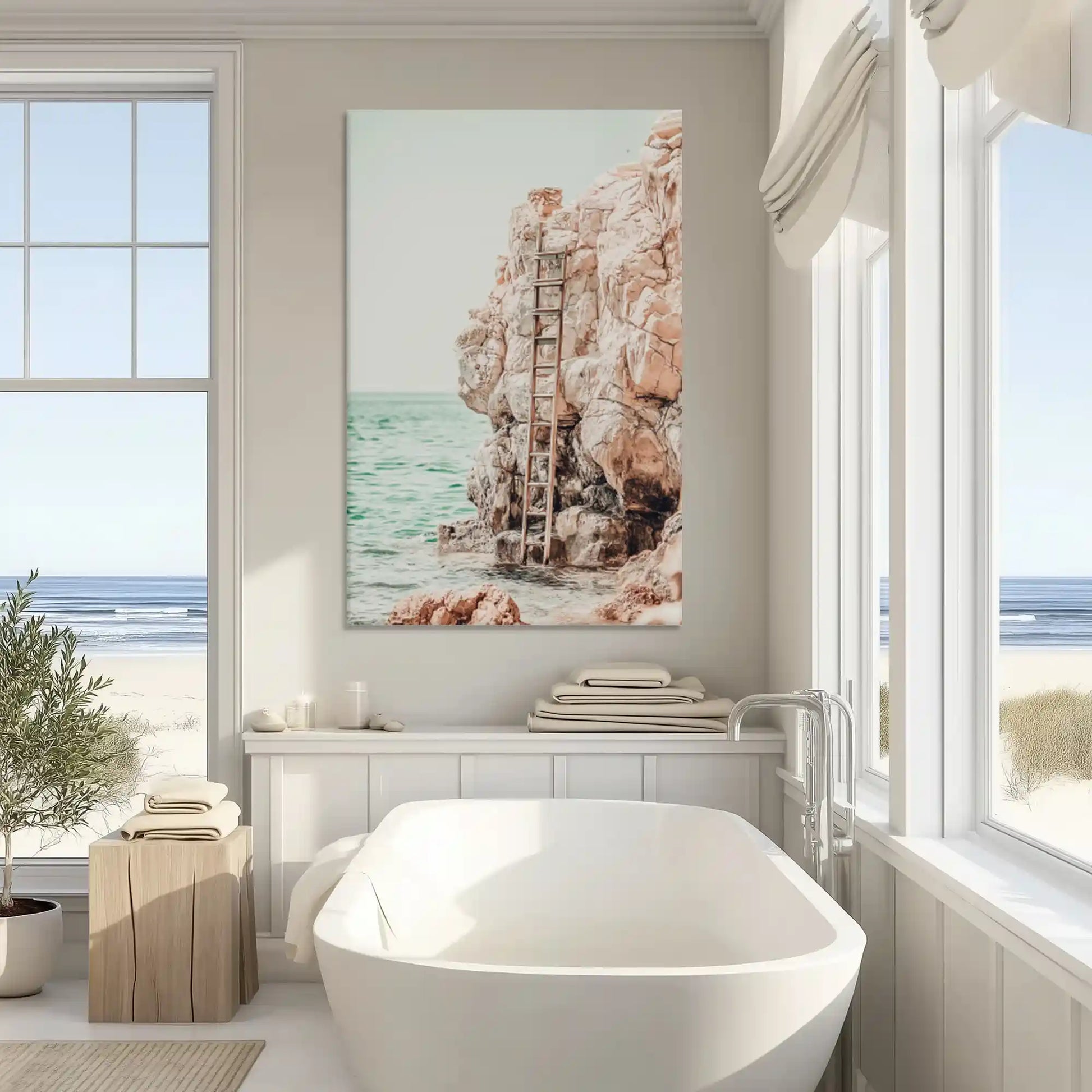 Neutral cliffside canvas art enhancing modern wall decor with rustic coastal character