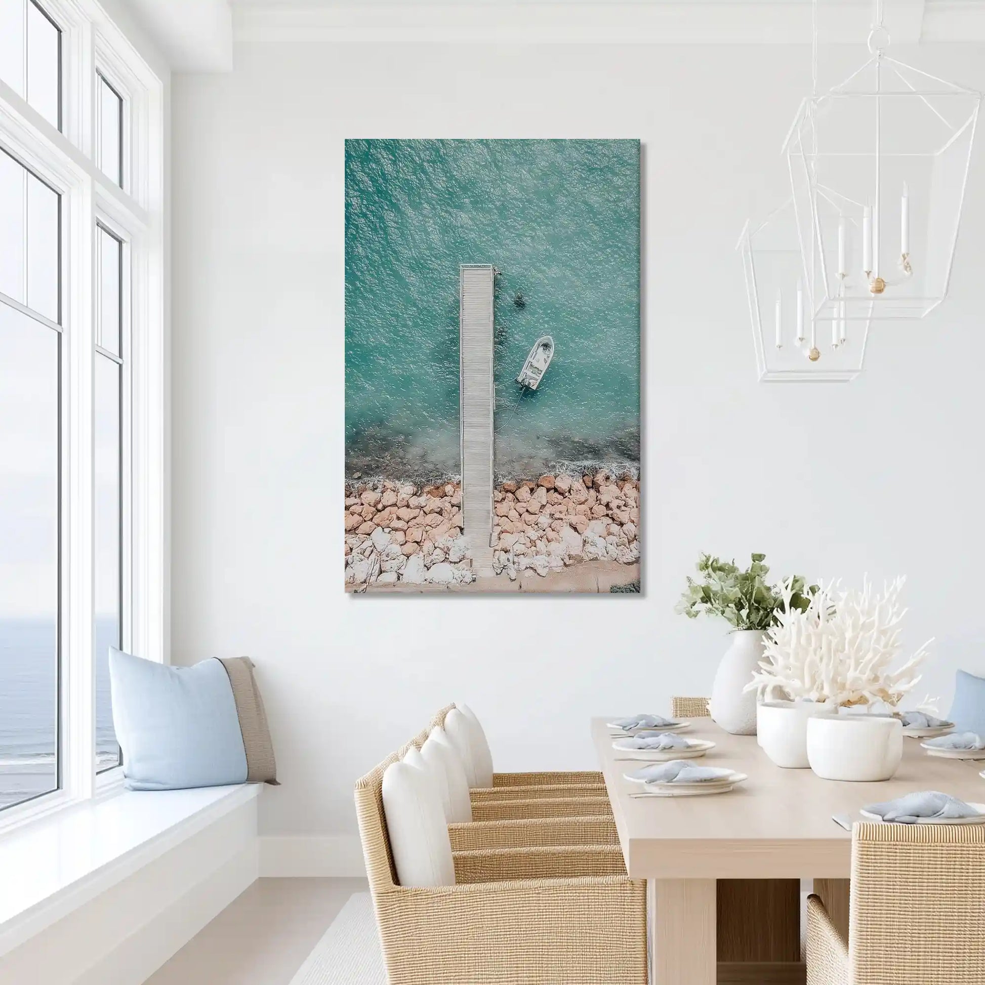 Aerial dock wall decor with turquoise sea, ideal for creating fresh coastal inspired atmospher